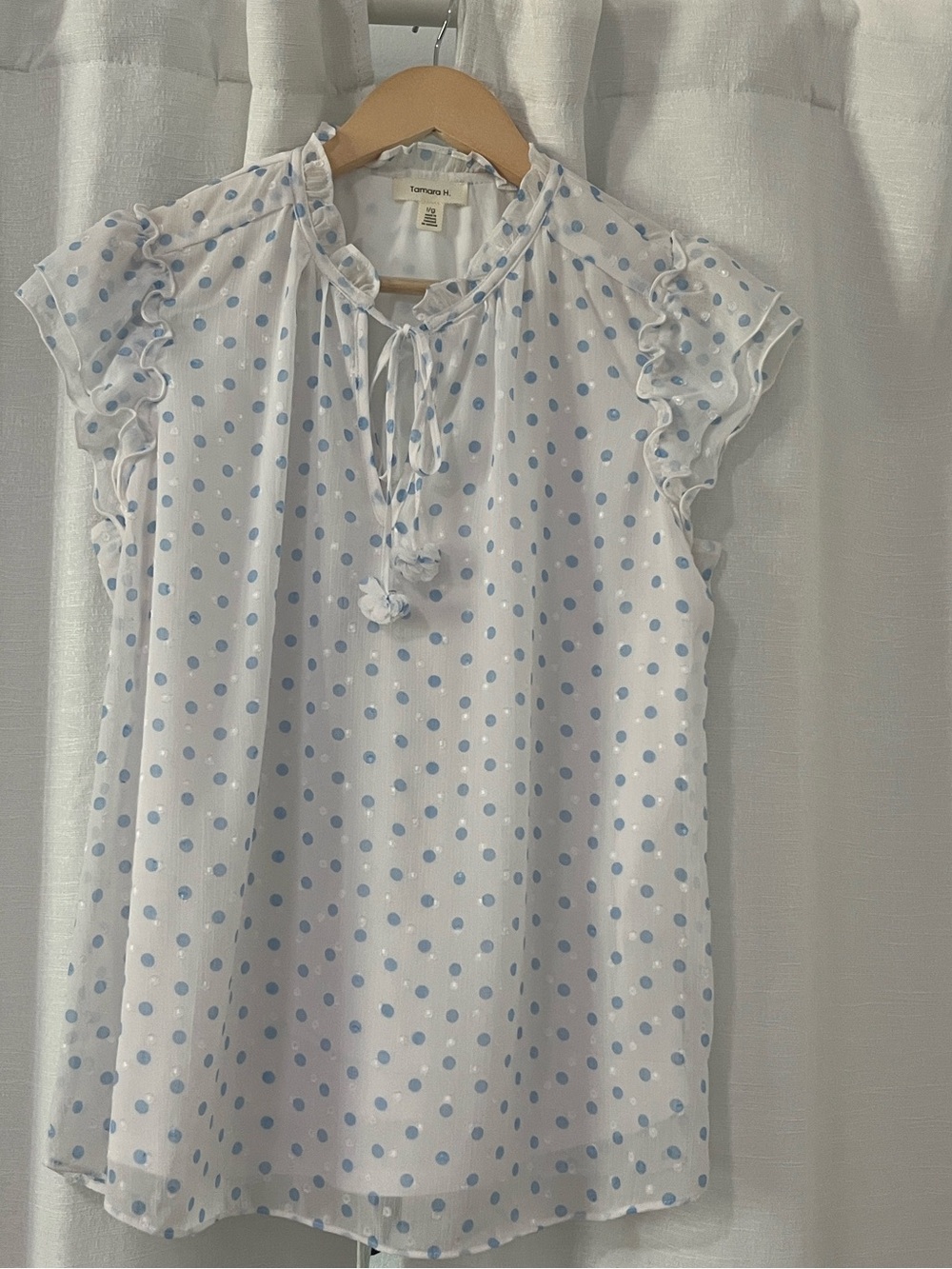 Polka Dot Ruffle Sleeve Tie-Neck Blouse - White with Light Blue Dots